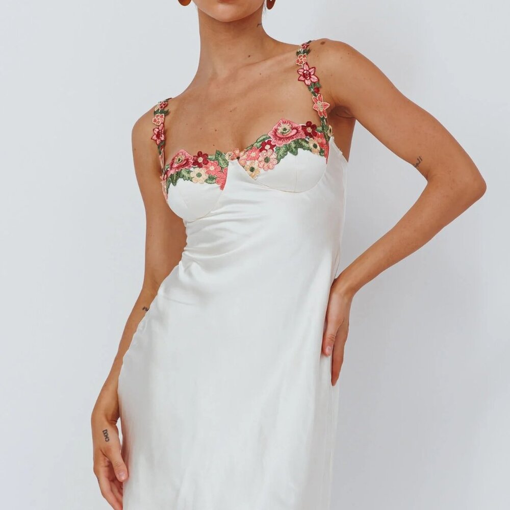 Selfie Leslie White Mini Dress with Pink & Green Floral Embroidery